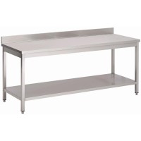 Table inox avec dosseret avec ou sans étagère de différentes longueurs et profondeurs