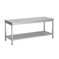 tables sans dosseret ou centrales en inox AISI 304 ou en AISI 441 avec ou sans étagère inférieure de différentes longueurs et profondeurs